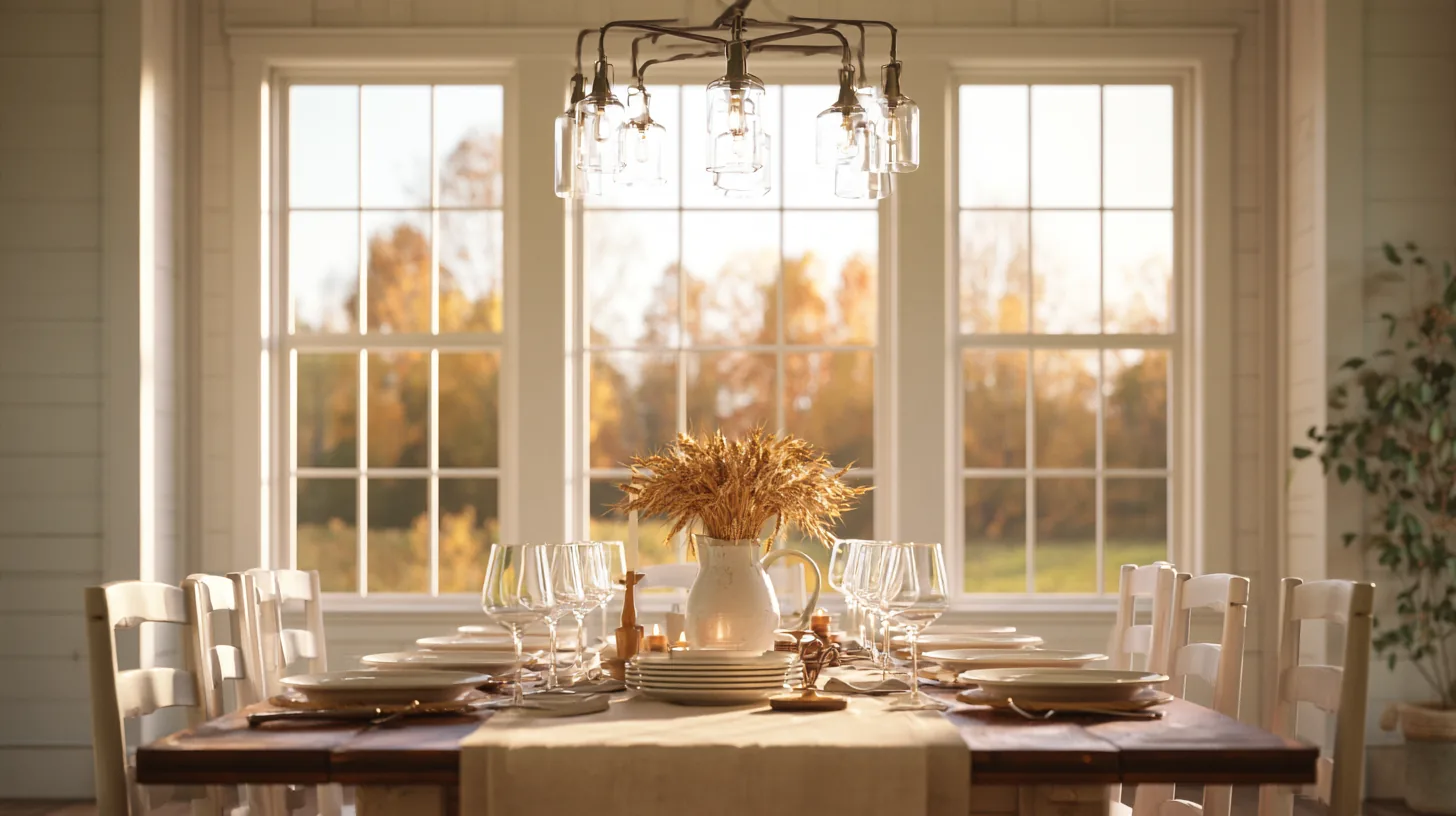 Bright dining area with a large table set for a meal, featuring autumn decor and natural light from windows.