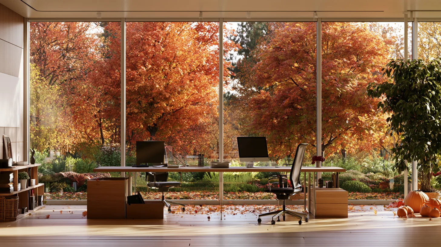 Bright office interior with large windows displaying colorful autumn trees and fallen leaves outside.