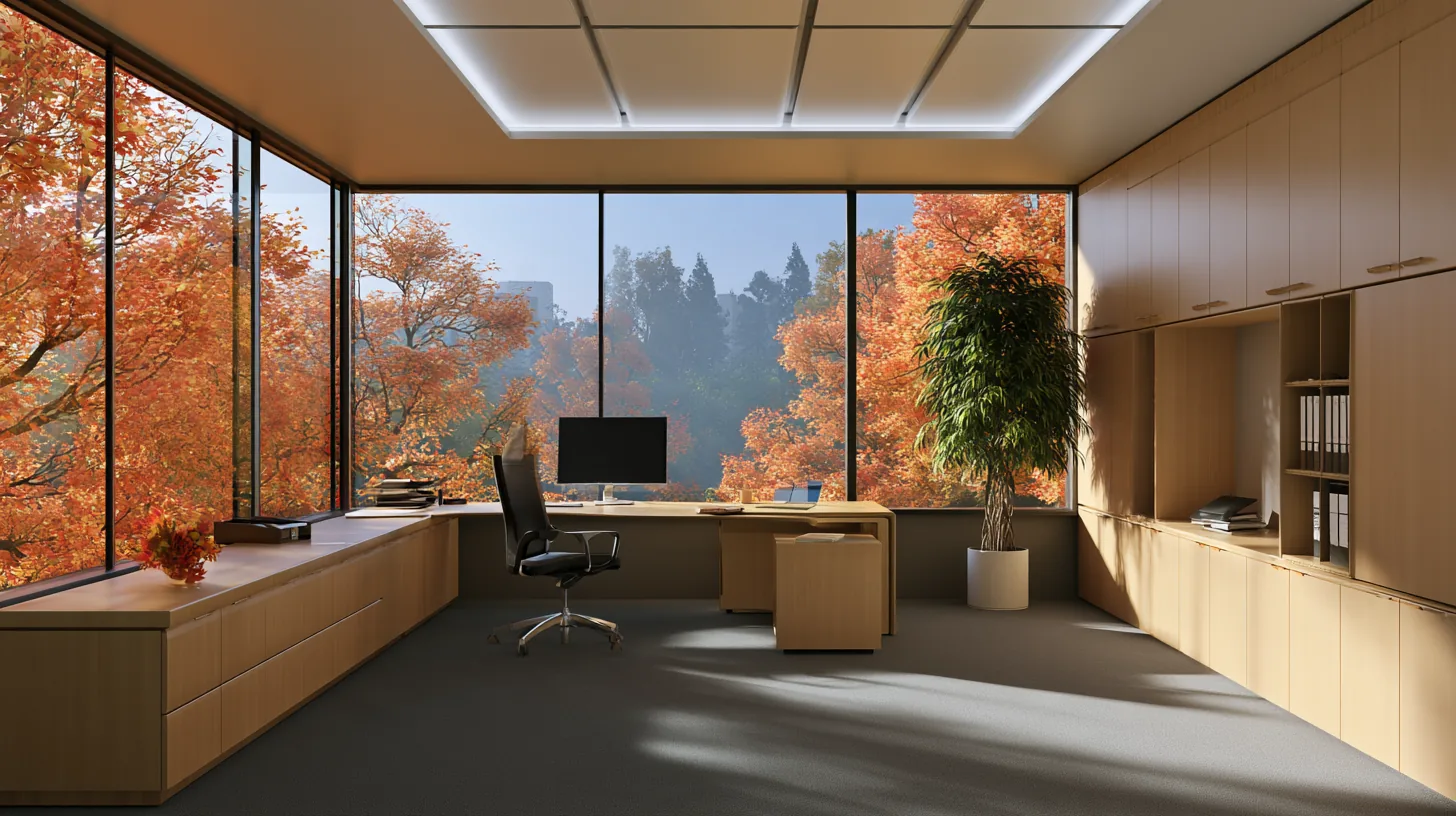 Bright office interior with large windows displaying colorful autumn trees outside, featuring a desk and ergonomic chair.