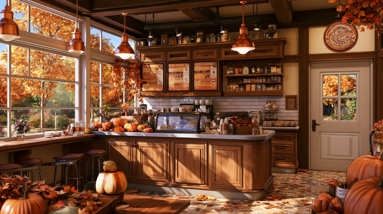 A cozy café interior featuring wooden counters, warm lighting, and autumn leaves visible through large windows.