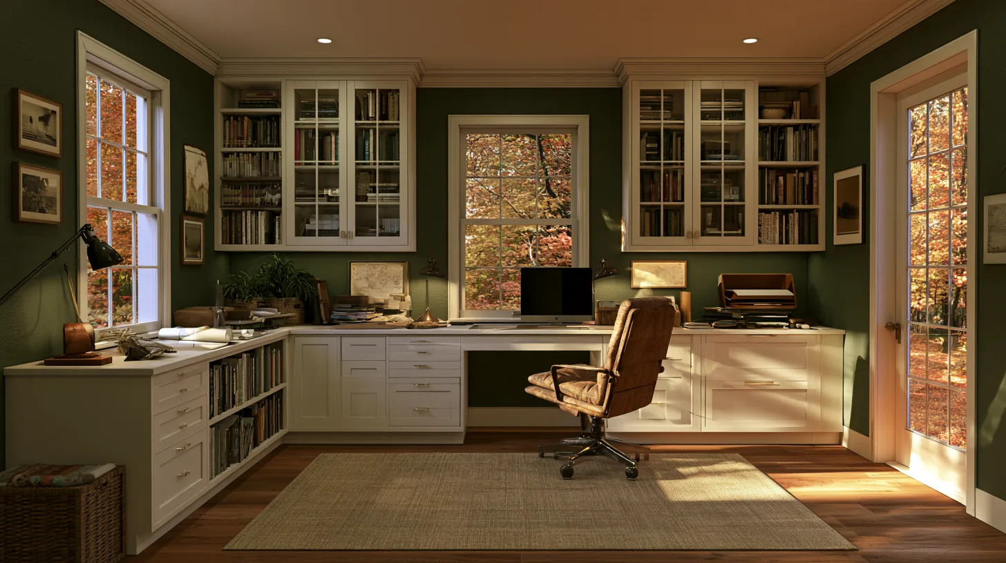 A cozy home office featuring green walls, wooden furniture, and autumn leaves visible through the windows.