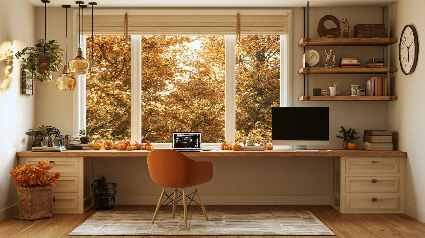 A cozy home office featuring a wooden desk, autumn decorations, and large windows with fall foliage outside.