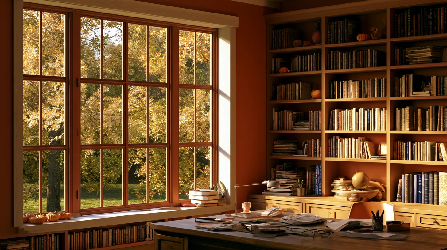 A cozy home office with a wooden desk, bookshelves filled with books, and a large window displaying autumn leaves.
