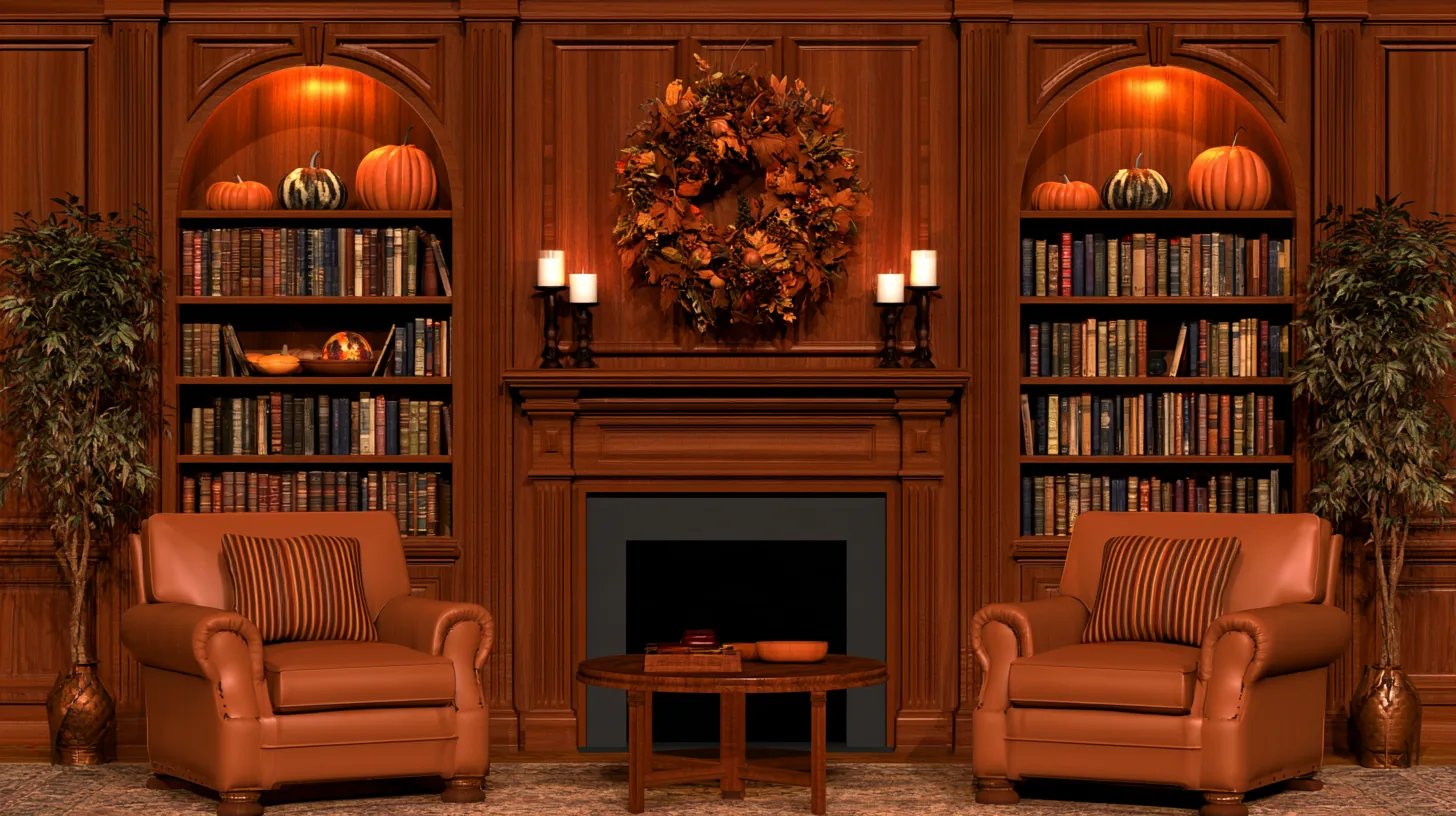 Cozy library with wooden shelves, fall decorations, and comfortable seating, perfect for a warm atmosphere.