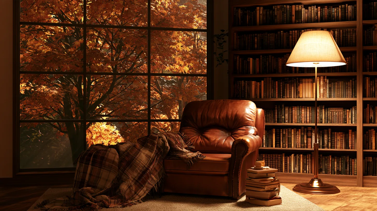 A cozy living room with a leather armchair, warm lighting, and a view of autumn leaves through a large window.