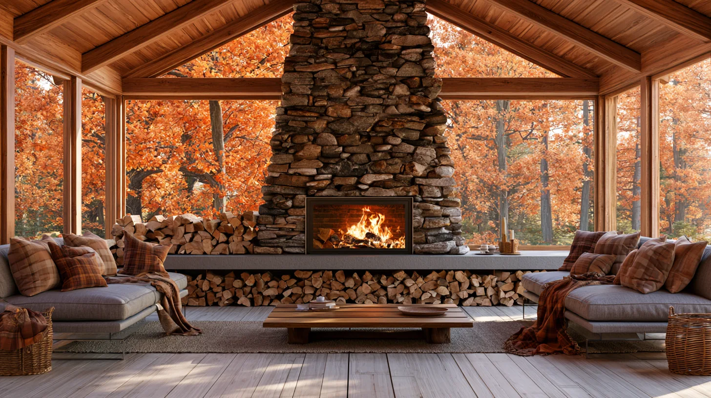 A cozy seating area with a stone fireplace, surrounded by vibrant autumn foliage and warm wooden accents.