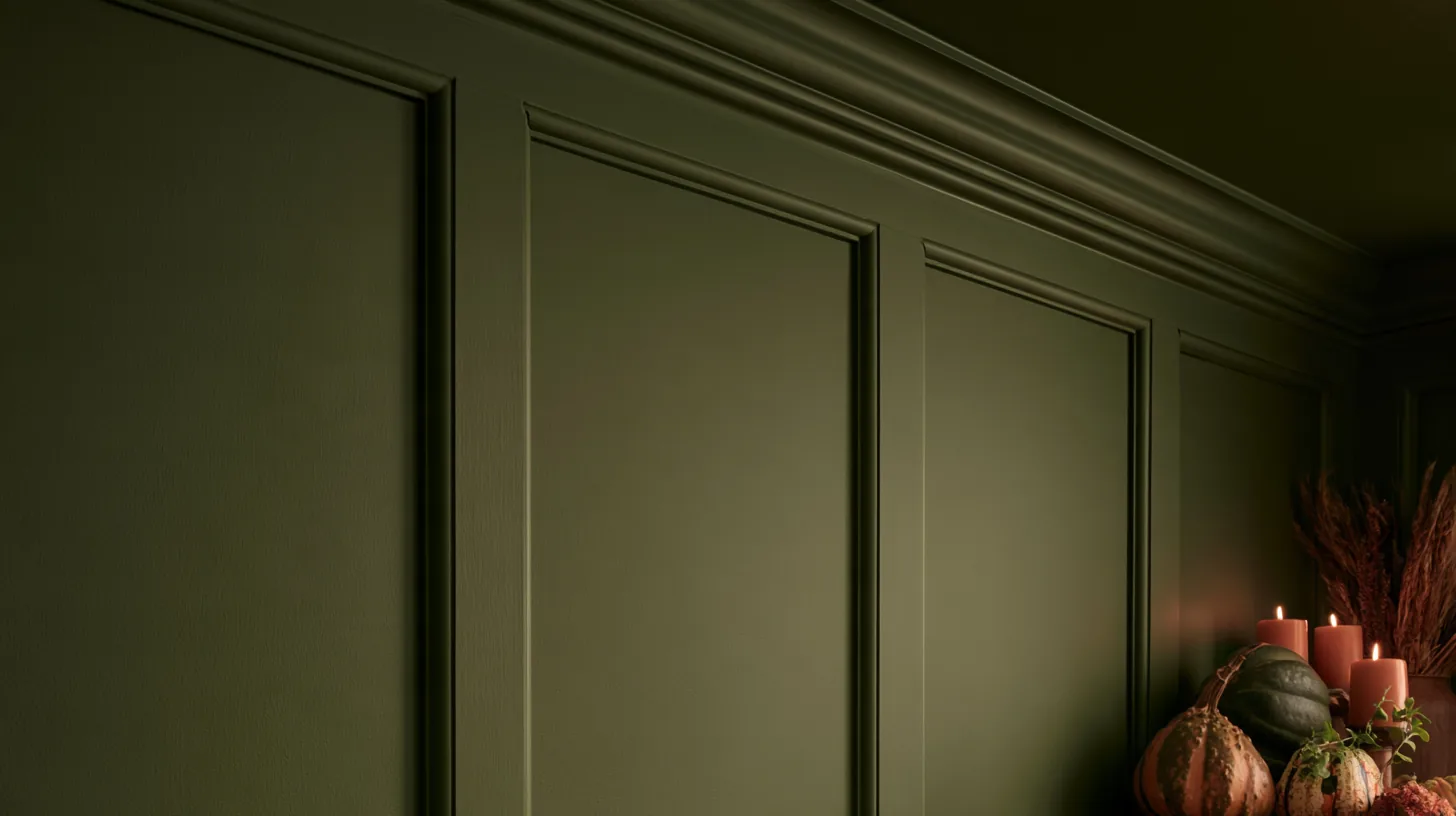 Dark green wall with elegant paneling and soft lighting, creating a refined atmosphere for professional settings.
