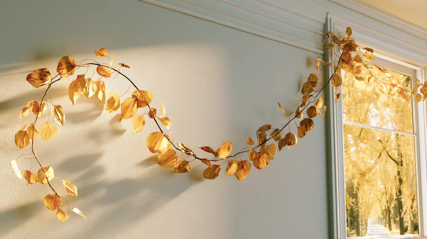 Neutral wall featuring a decorative vine of autumn leaves casting soft shadows.