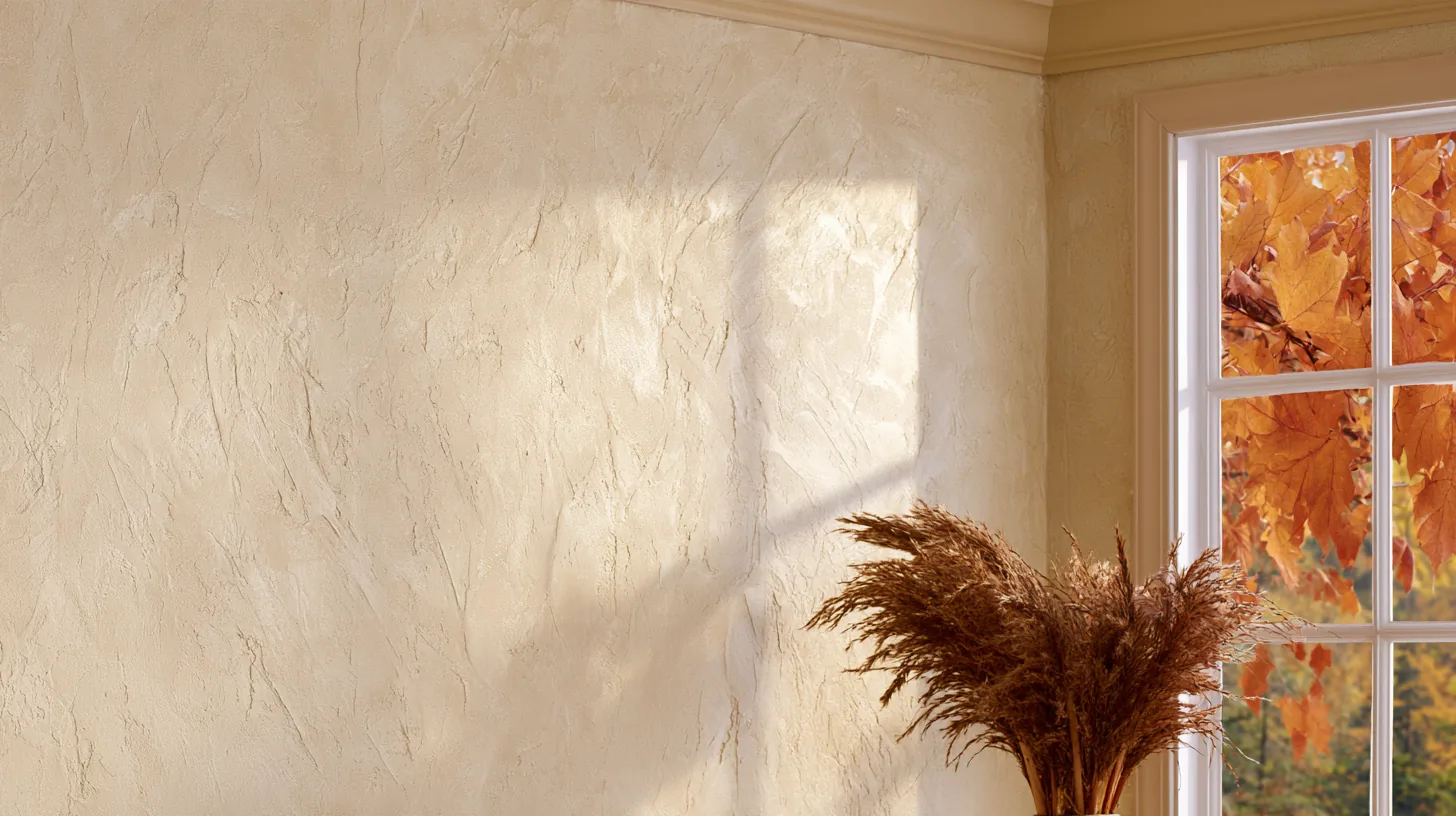 Textured neutral wall with soft shadows and autumn leaves visible through a window.