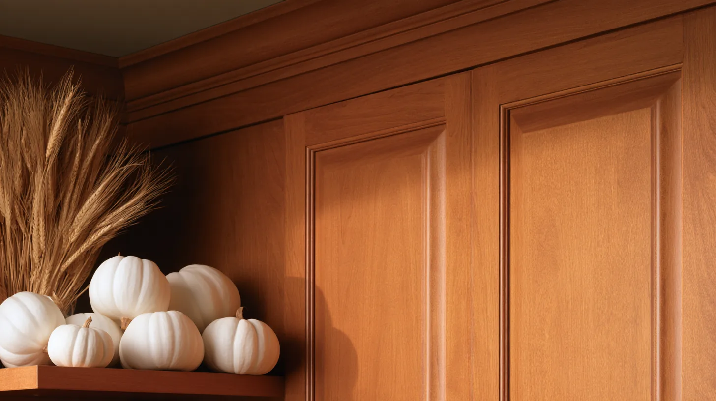 Warm wooden panels with white pumpkins and dried grass arranged on a shelf.