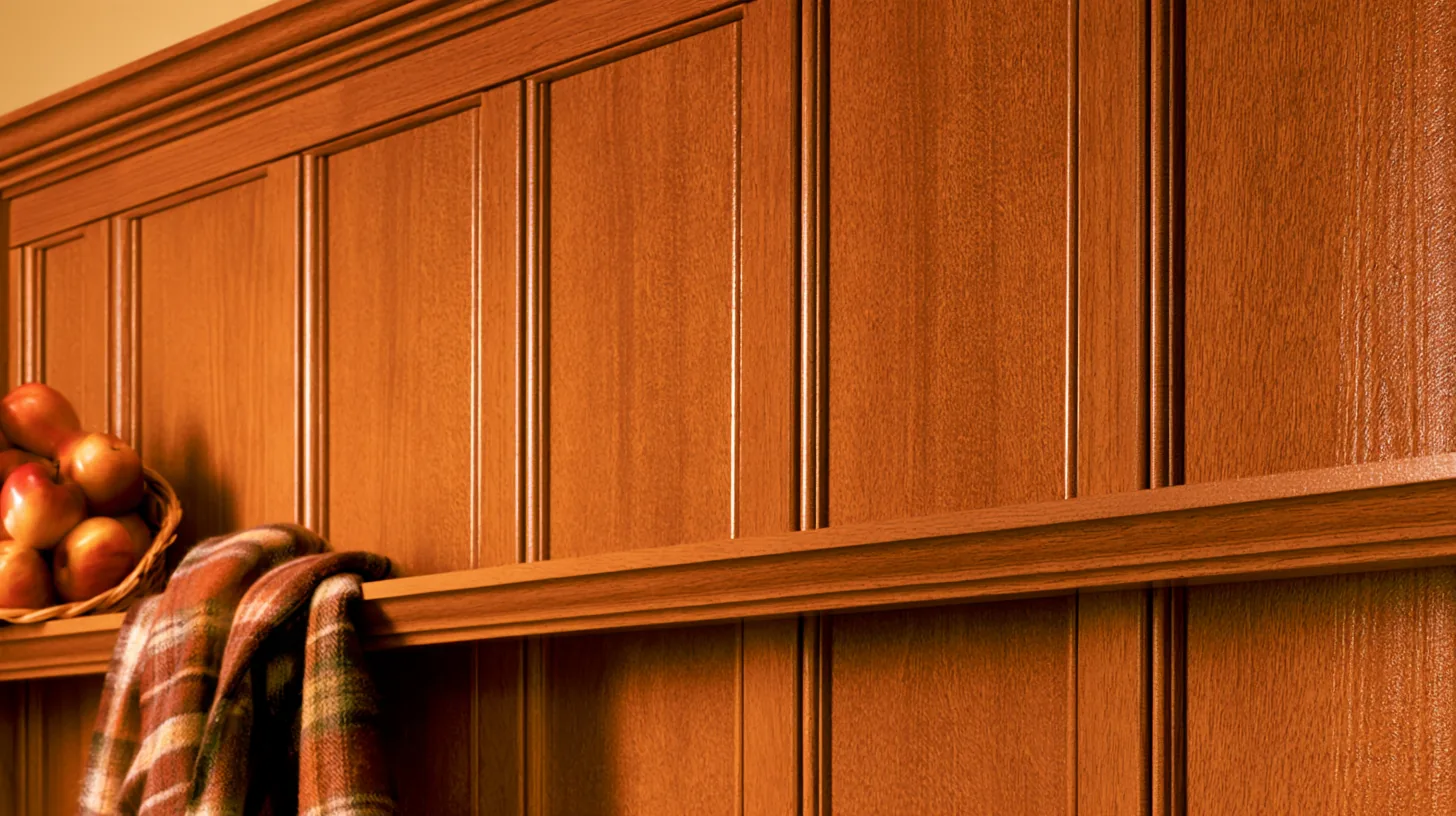 Warm wooden wall shelves with a subtle texture, creating a cozy and professional setting for video calls.