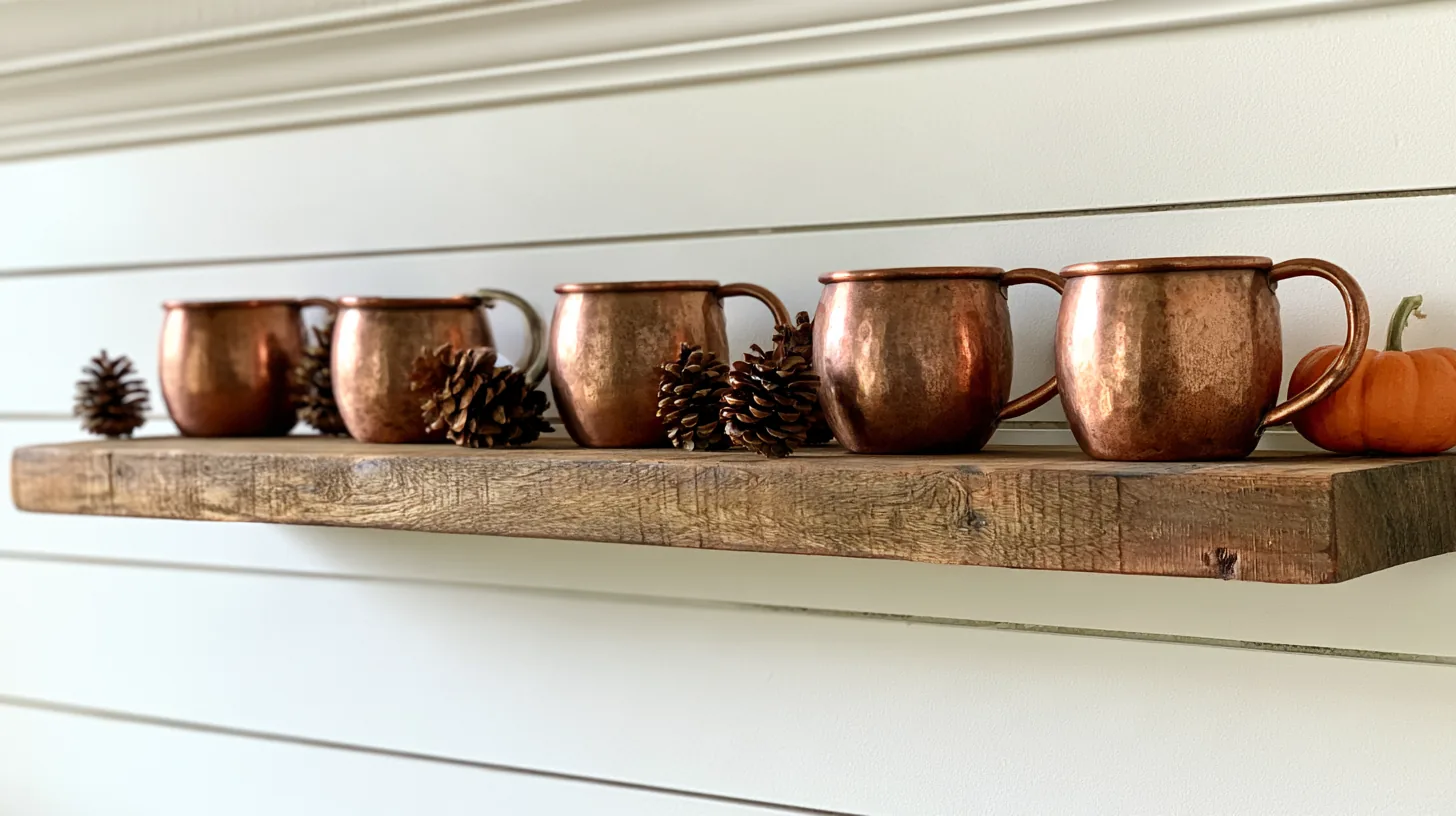 Wooden shelf with copper mugs and pinecones, creating a cozy fall aesthetic.