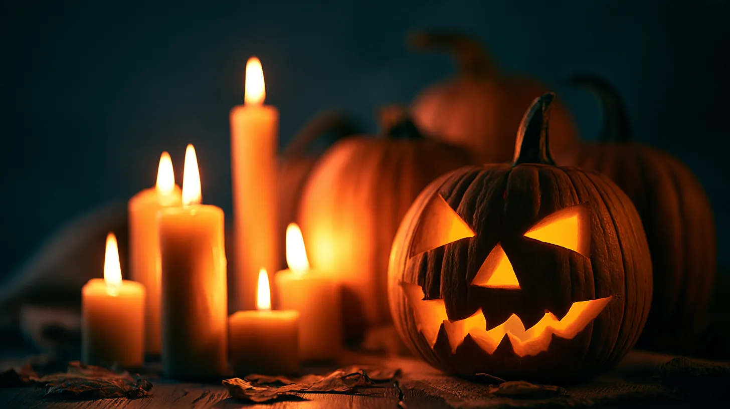 Carved jack-o'-lanterns with candles creating a warm glow, set against a dark background.