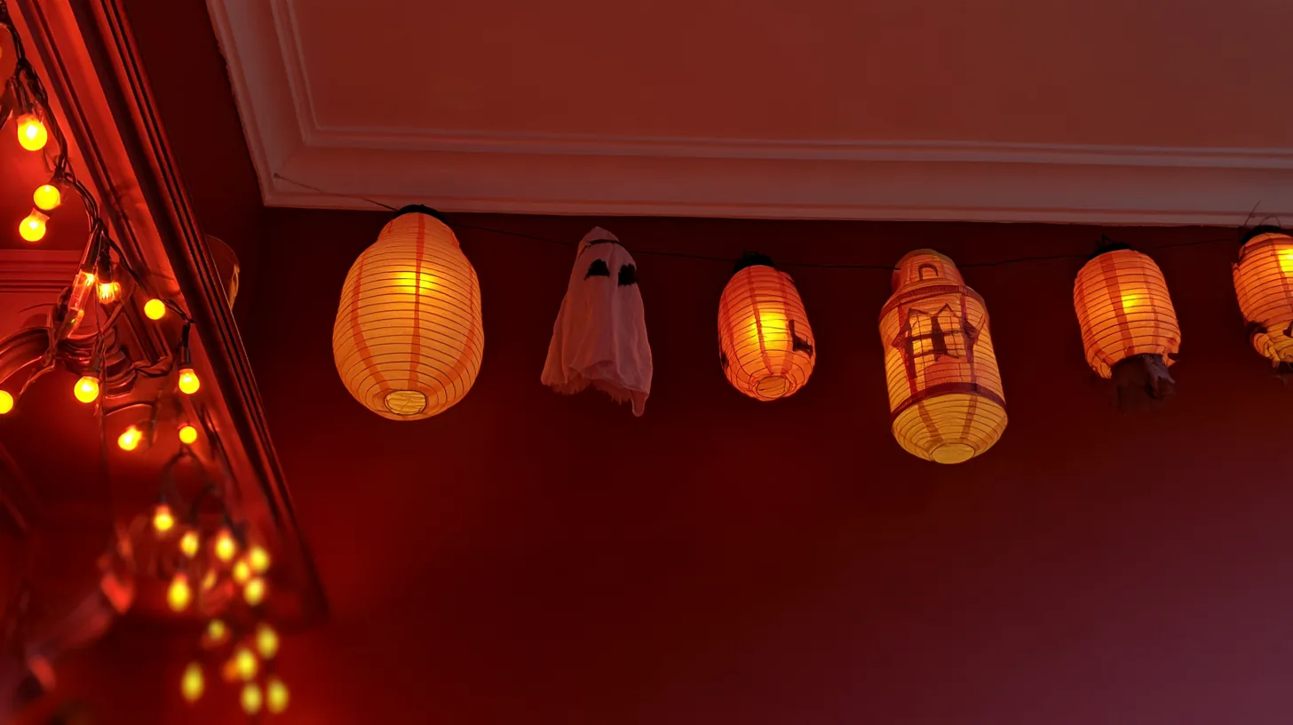 Colorful Halloween lanterns and ghost decorations hanging against a red wall.