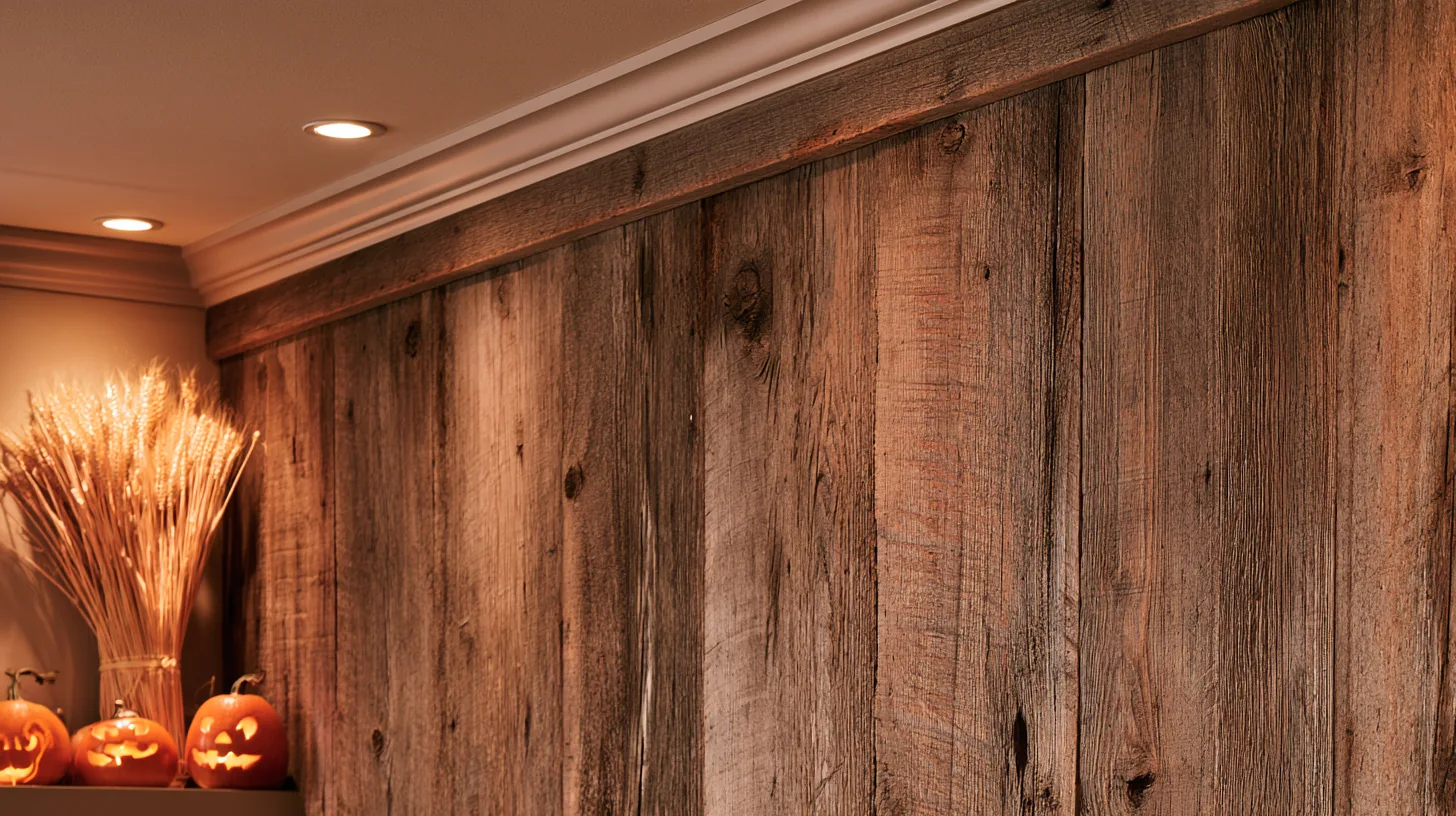 Textured rustic wood wall with seasonal Halloween decor including pumpkins and wheat.