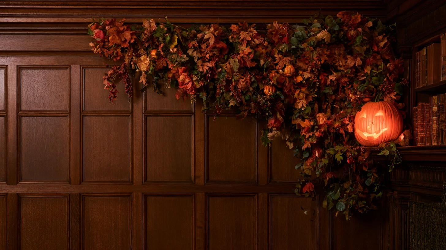 Warm autumn foliage drapes over a wooden wall with a carved pumpkin, creating a cozy seasonal atmosphere.