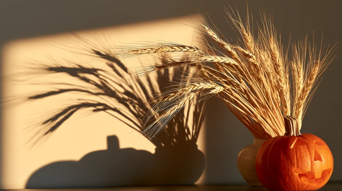 Warm neutral wall with soft shadows, featuring a vase of dried wheat and a pumpkin casting shadows.