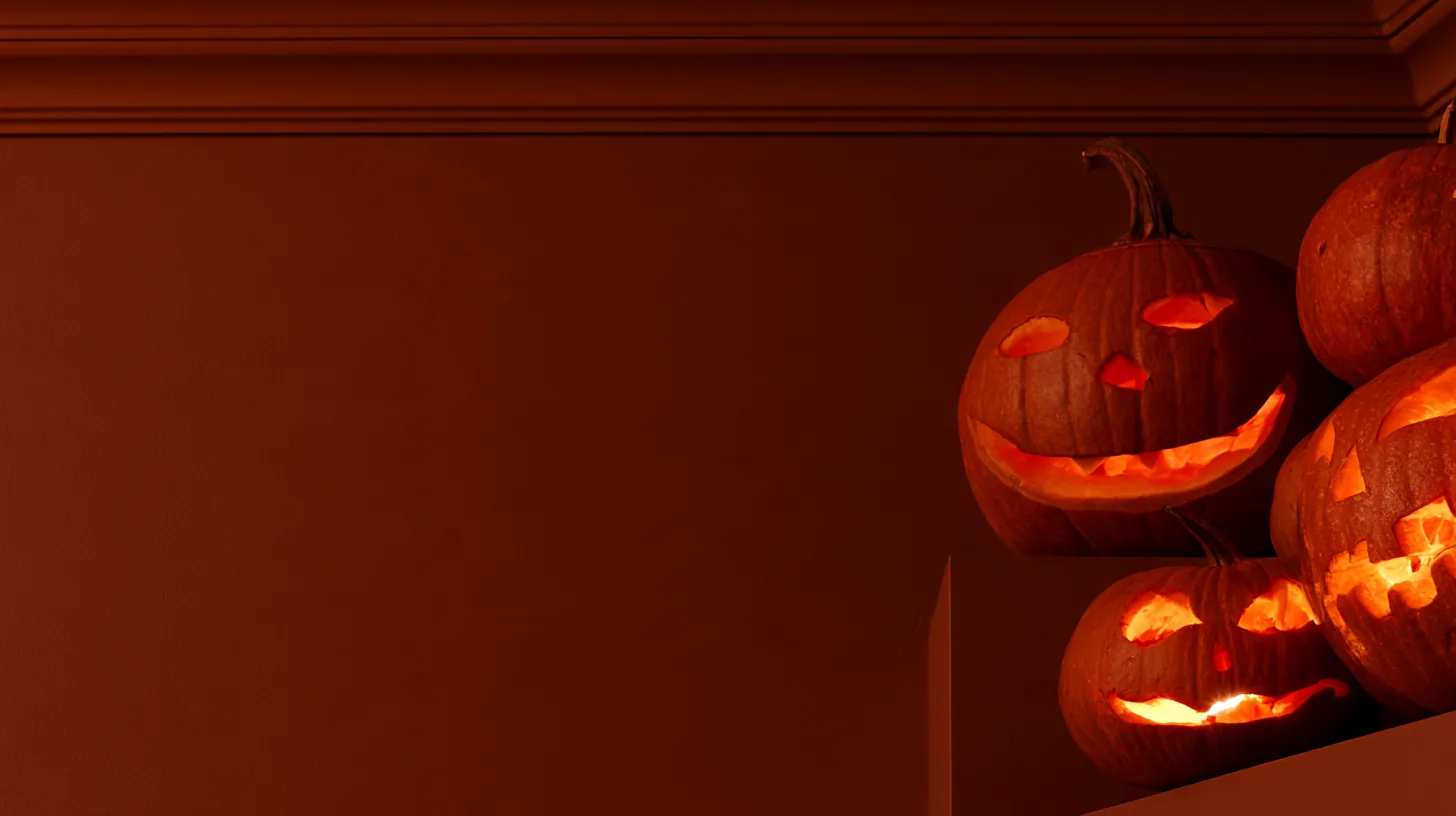 Warm orange wall featuring carved jack-o'-lanterns, creating a festive Halloween ambiance.
