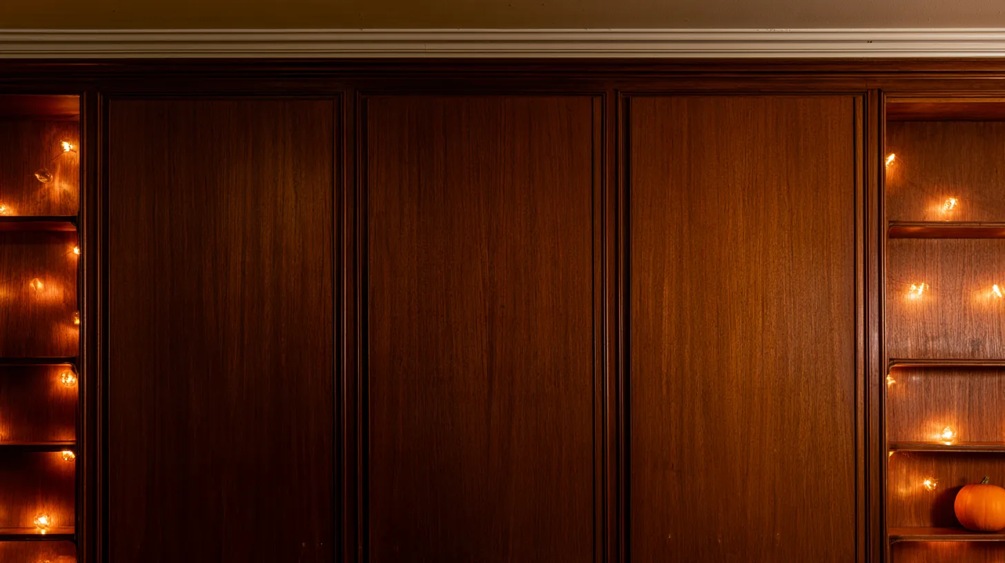 Warm wooden paneling with subtle lighting, creating a professional backdrop for video calls.