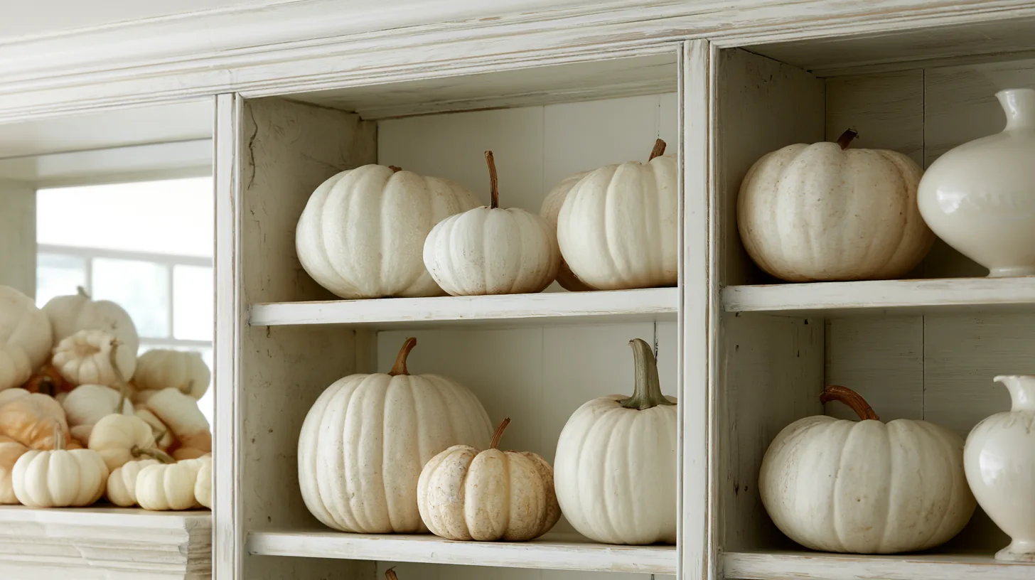 White pumpkins displayed on wooden shelves, creating a cozy fall ambiance.