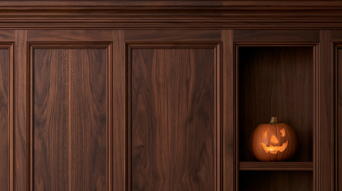 Wood paneling with a carved shelf displaying a glowing pumpkin, creating a warm and inviting atmosphere.