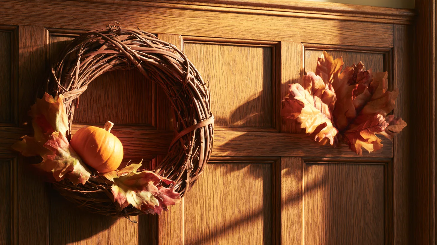 Wooden paneling with an autumn wreath featuring a pumpkin and colorful leaves, creating a warm seasonal atmosphere.