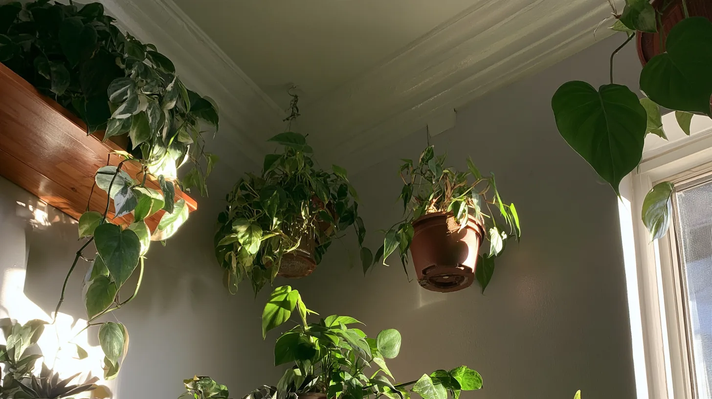 Bright corner filled with hanging and potted green plants, showcasing a lively indoor space.