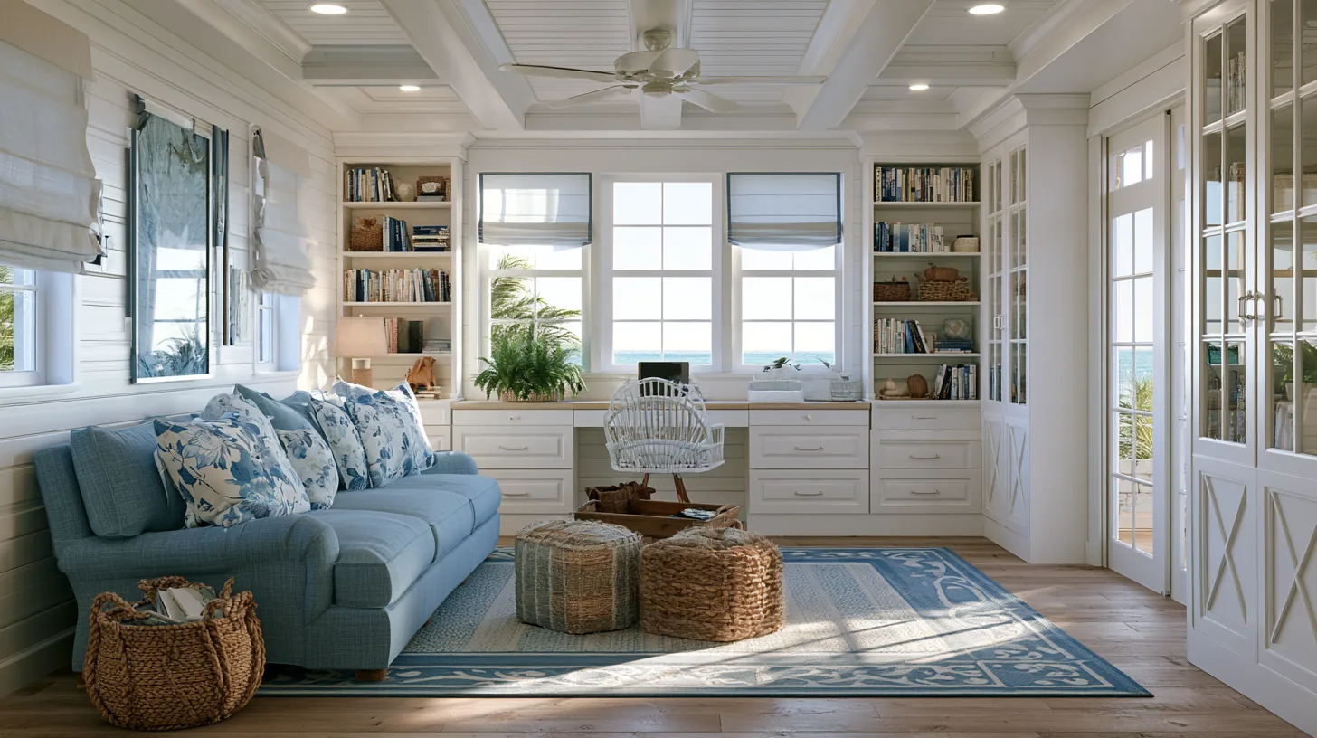 A bright home office featuring a blue sofa, bookshelves, and large windows with natural light streaming in.
