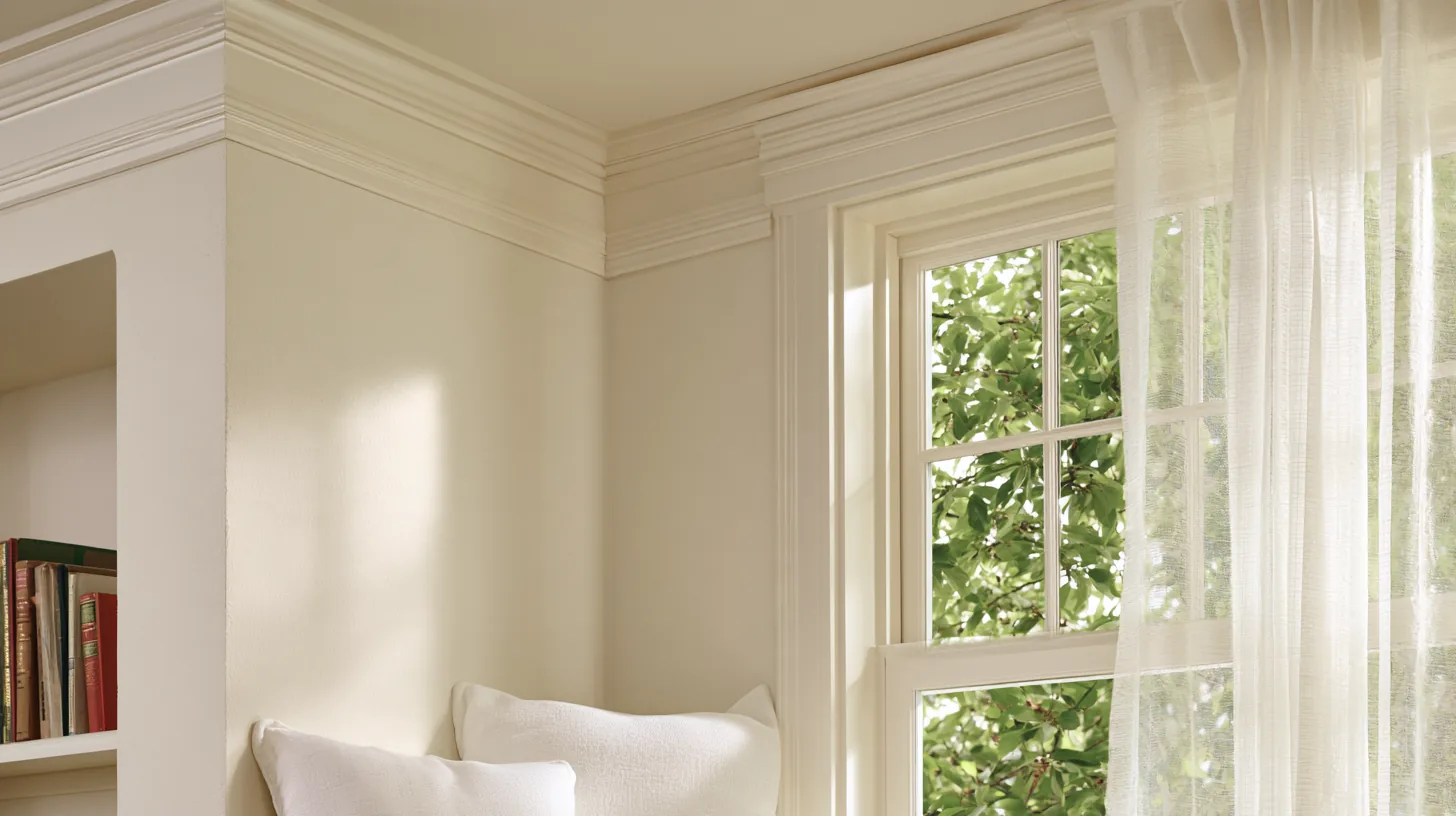 A bright home office corner with a window, soft pillows, and greenery outside, designed for a professional setting.