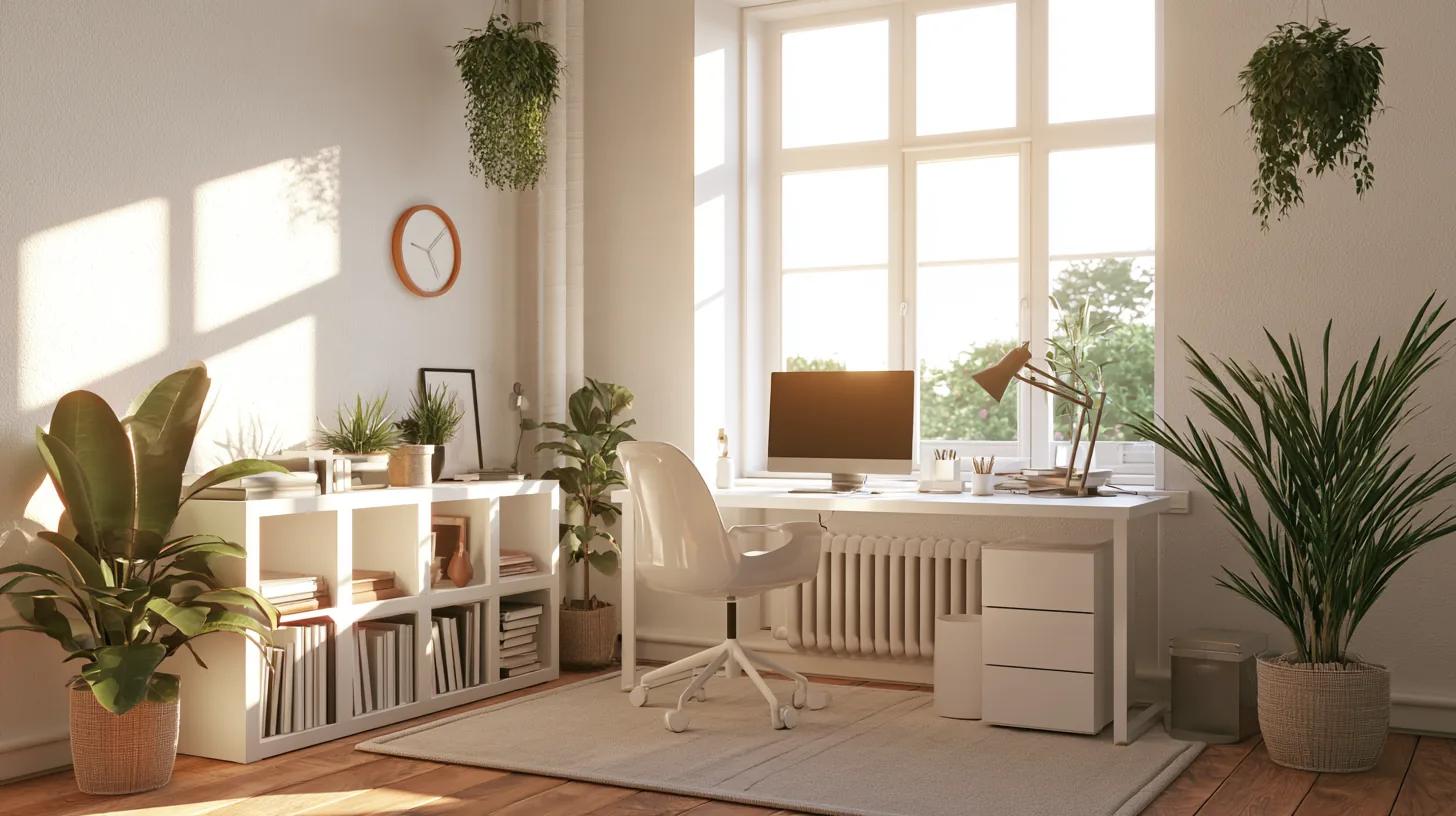 A bright home office featuring a desk, chair, and plants, with large windows allowing natural light to fill the room.