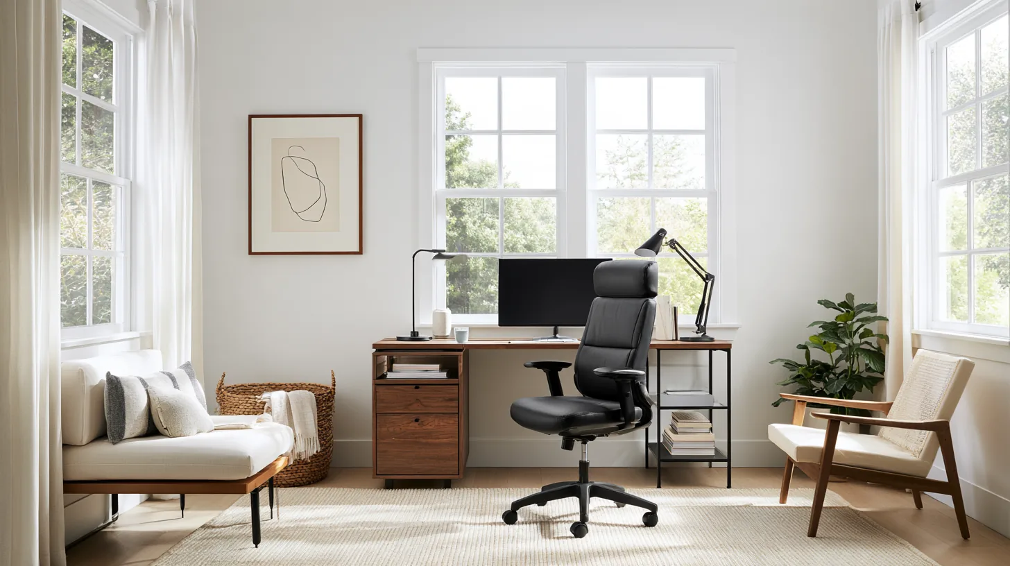Bright home office with a desk, ergonomic chair, and large windows, creating a professional atmosphere.
