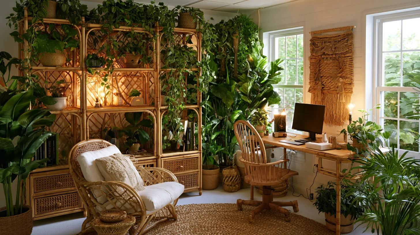 A cozy home office featuring a desk, chair, and abundant indoor plants, creating a warm and inviting workspace.
