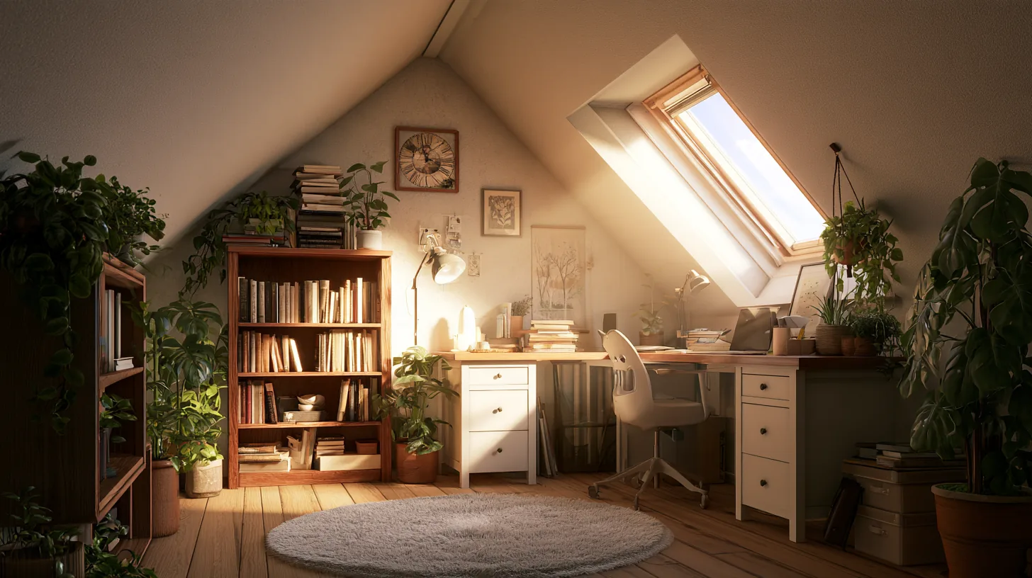 A cozy home office with a skylight, bookshelves, and plants, creating a warm and inviting workspace.