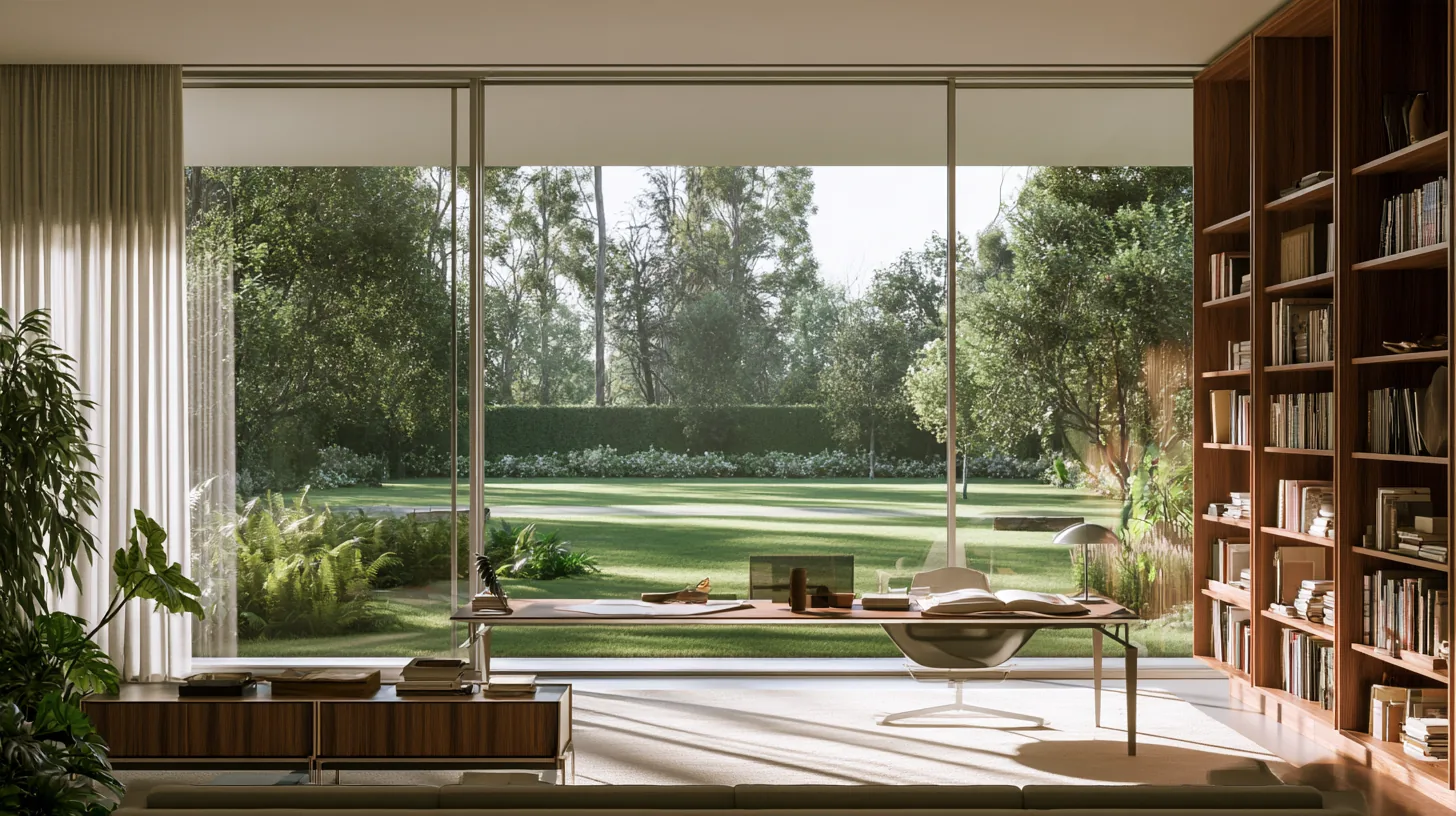 Home office with a modern desk, large windows, and a view of a green garden outside.
