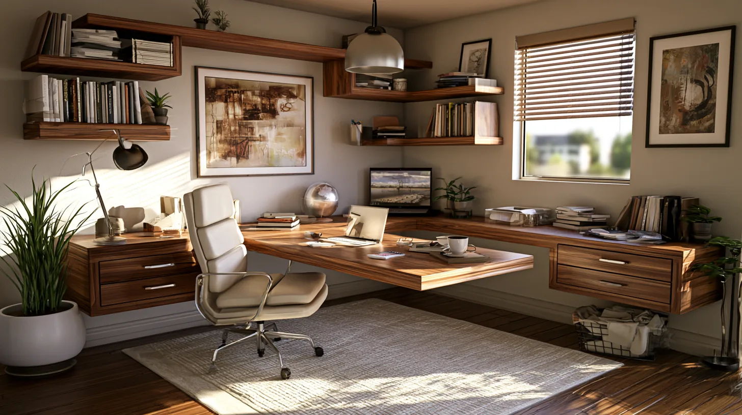 Modern home office featuring wooden shelves, a desk with a chair, and decorative items, designed for a professional setting.