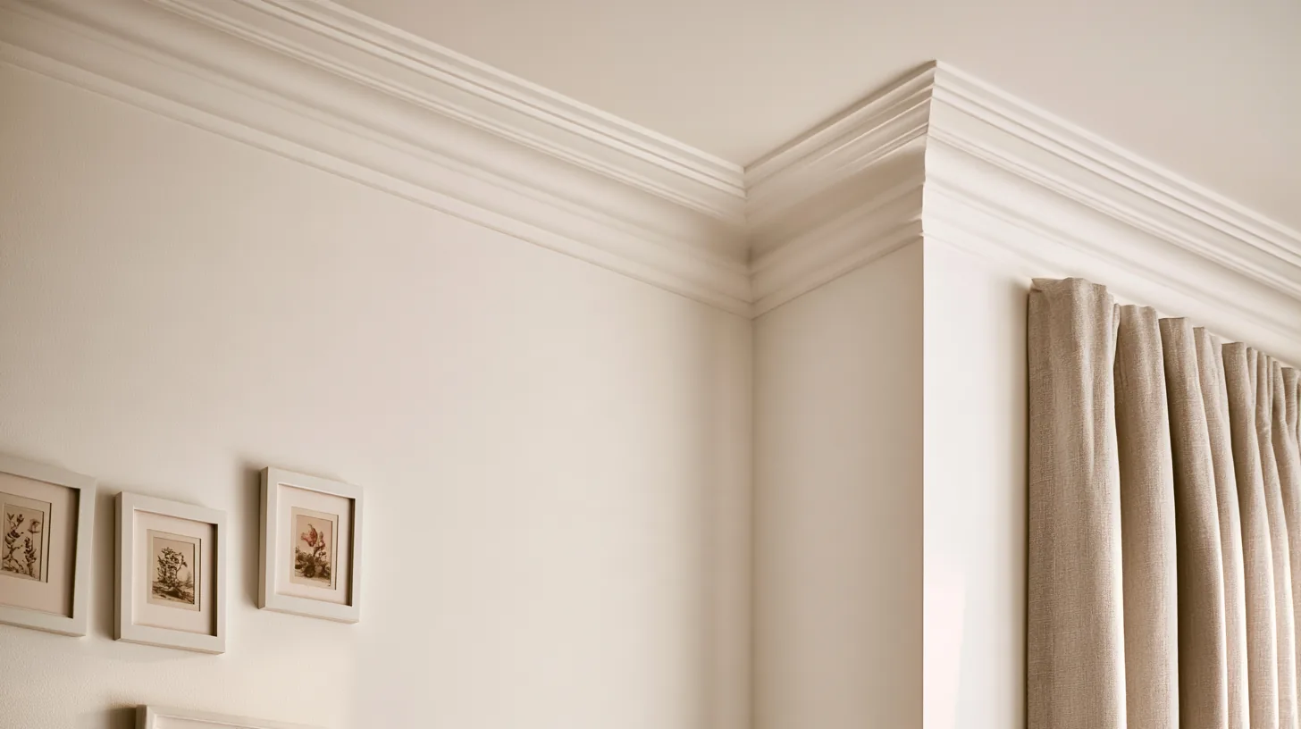 Neutral wall with decorative trim and framed art, suitable for corporate settings.