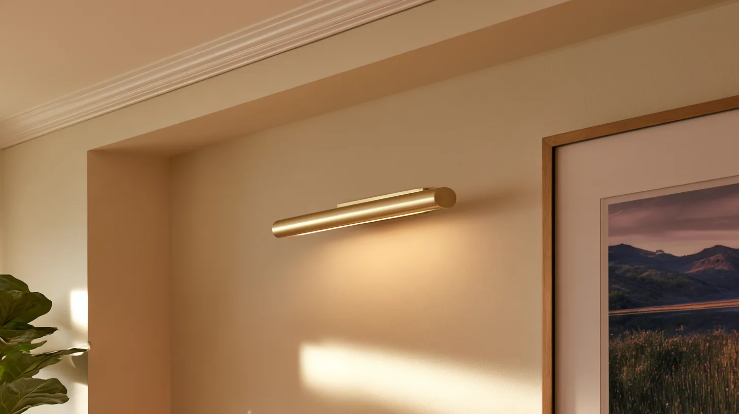 A soft neutral wall with warm lighting and a framed picture, designed for a professional setting.