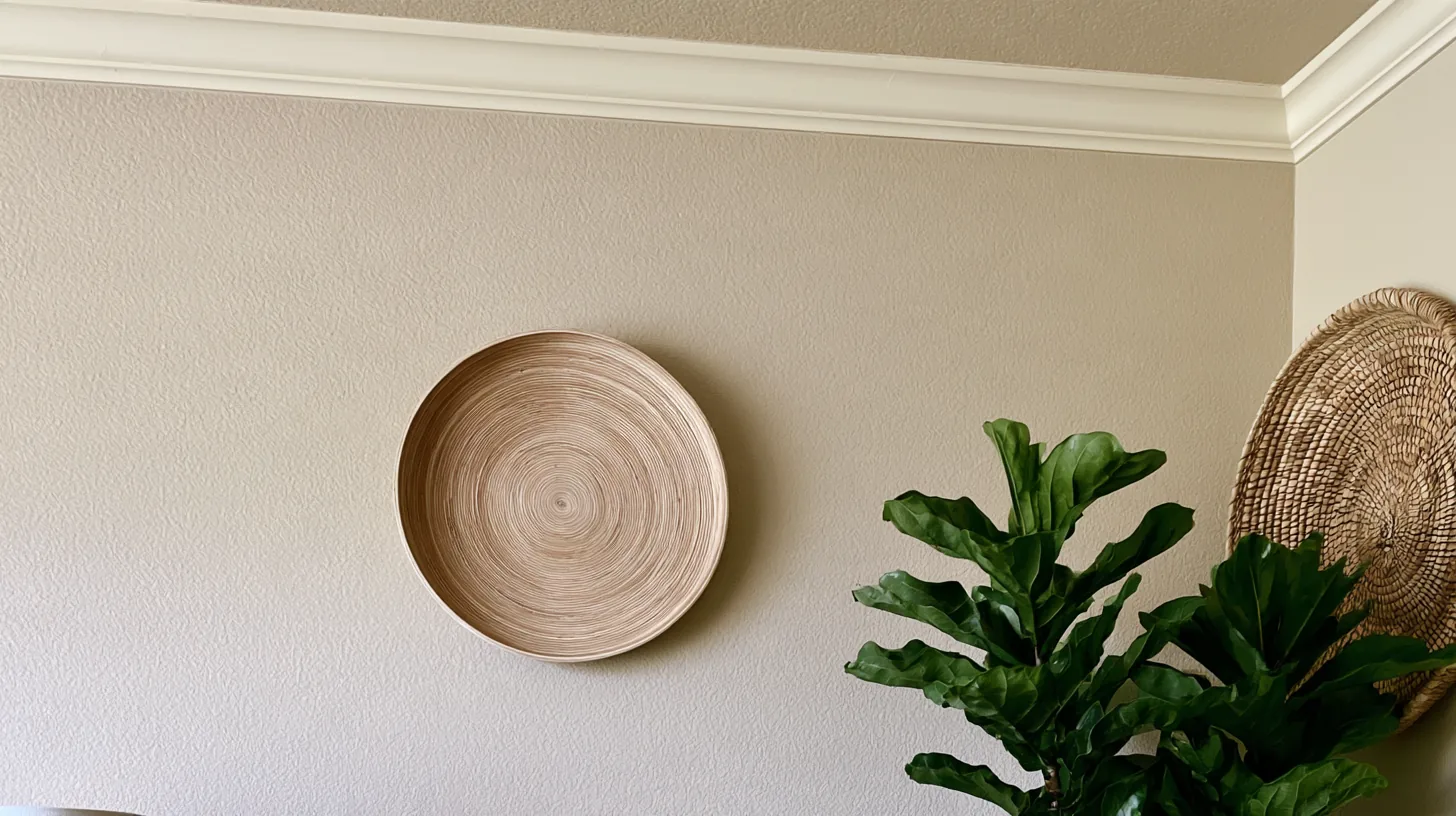 A softly textured neutral wall featuring a decorative plate and a green plant, creating a calm and professional atmosphere.