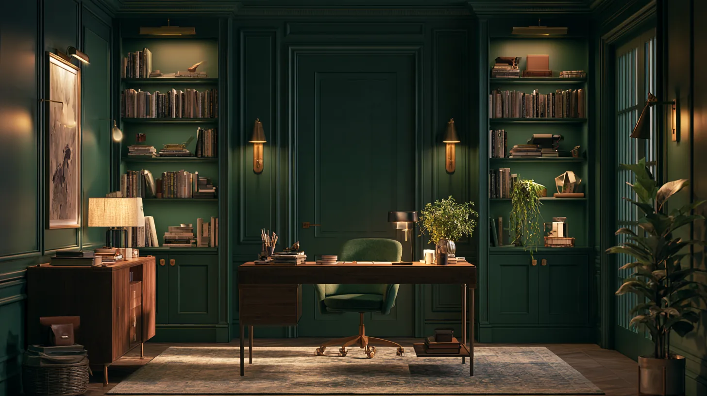 Sophisticated home office with green walls, stylish shelves, and a wooden desk, perfect for professional settings.