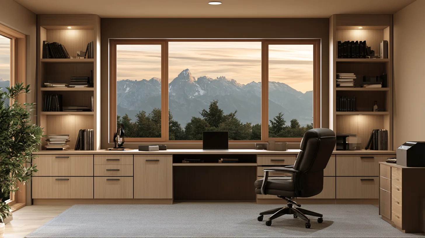 Spacious home office with large windows showcasing a mountain view, featuring wooden shelves and a desk with an ergonomic chair.