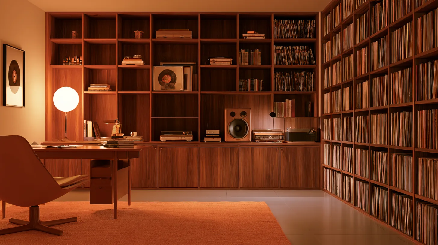 A stylish home office featuring wooden bookshelves filled with records and books, a desk with a lamp, and a warm rug.