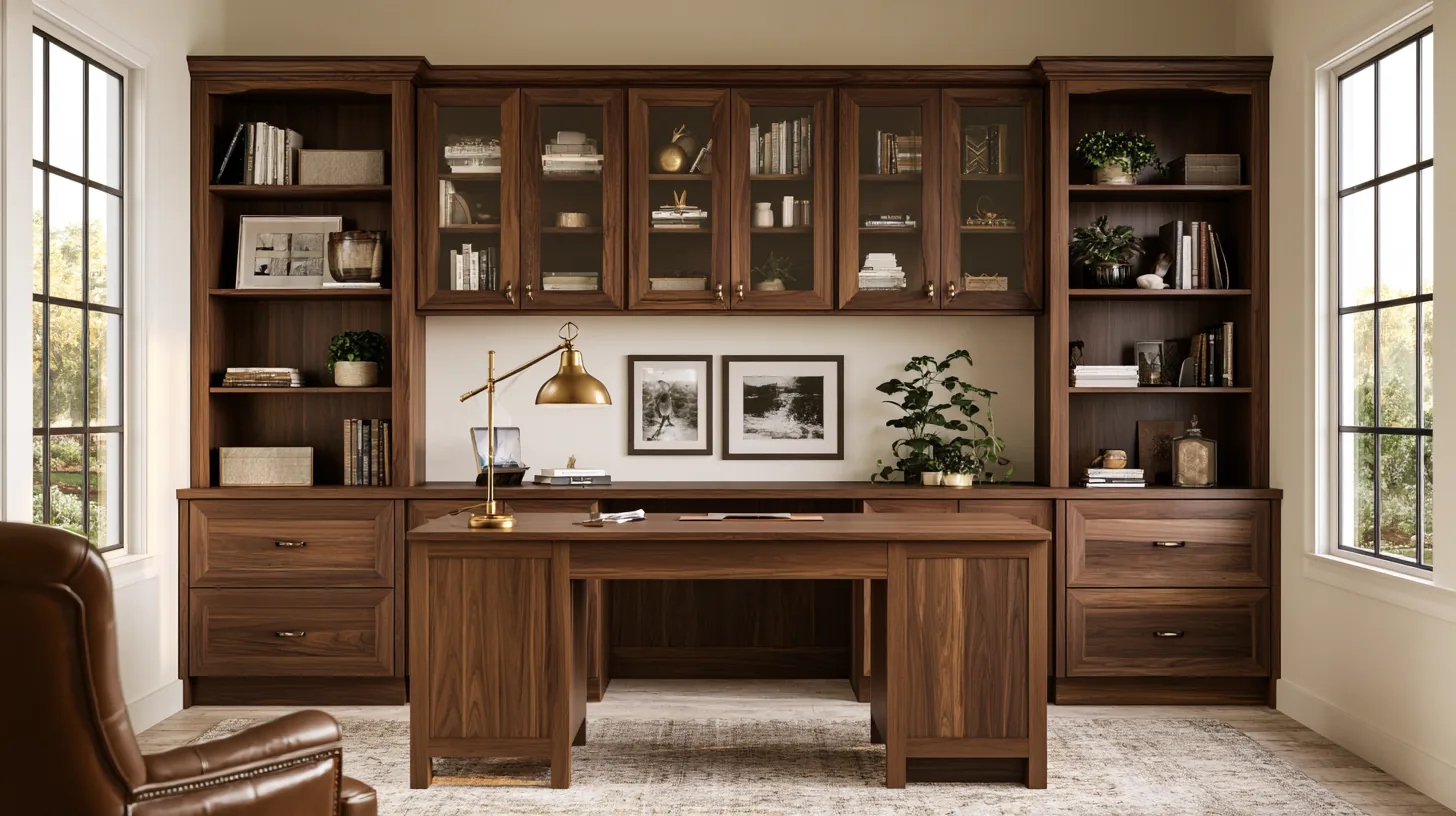 A stylish home office featuring wooden cabinetry, a large desk, and natural light from windows, creating a professional workspace.