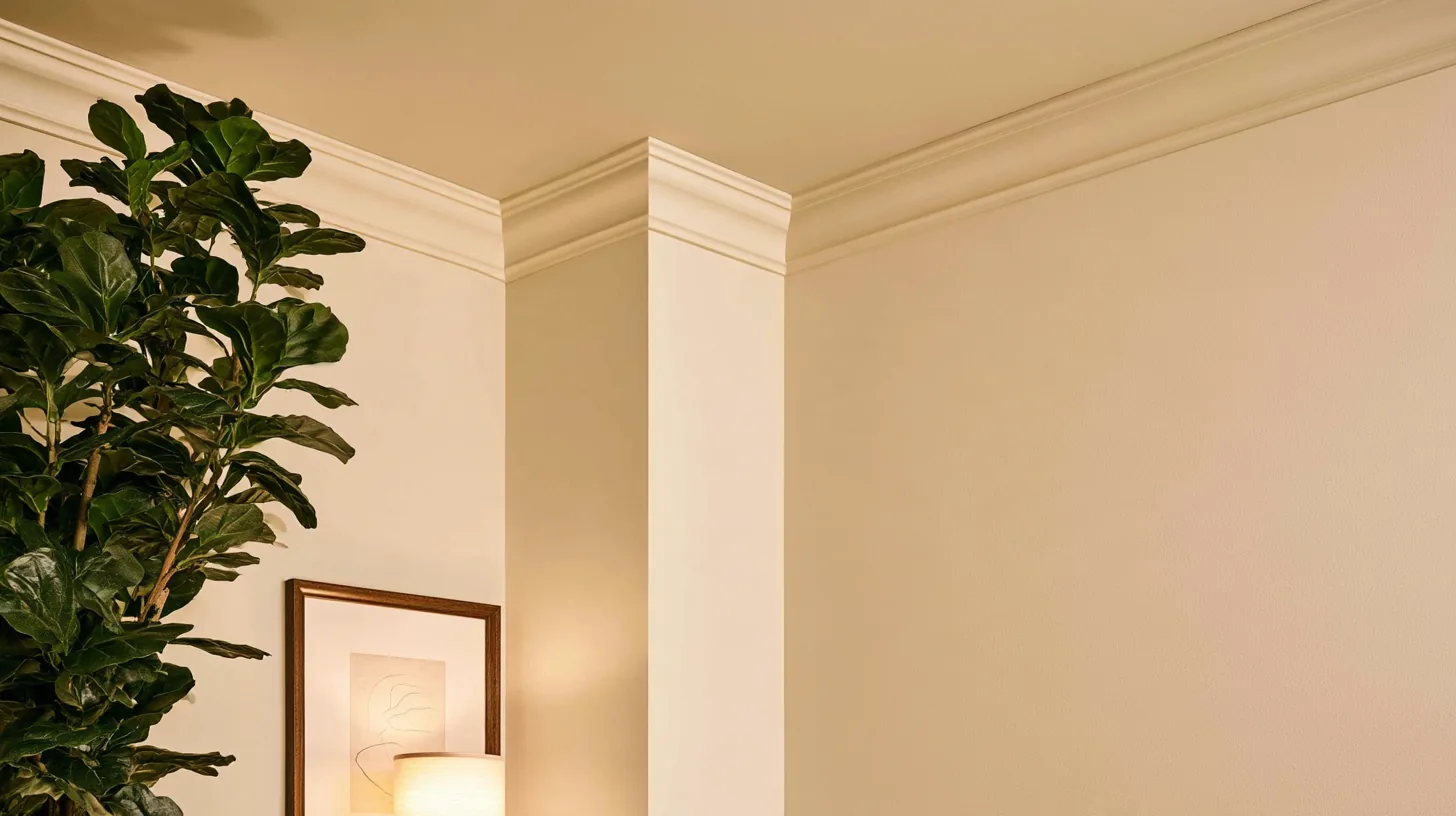 Warm neutral wall with a corner plant and soft lighting, creating a professional atmosphere.