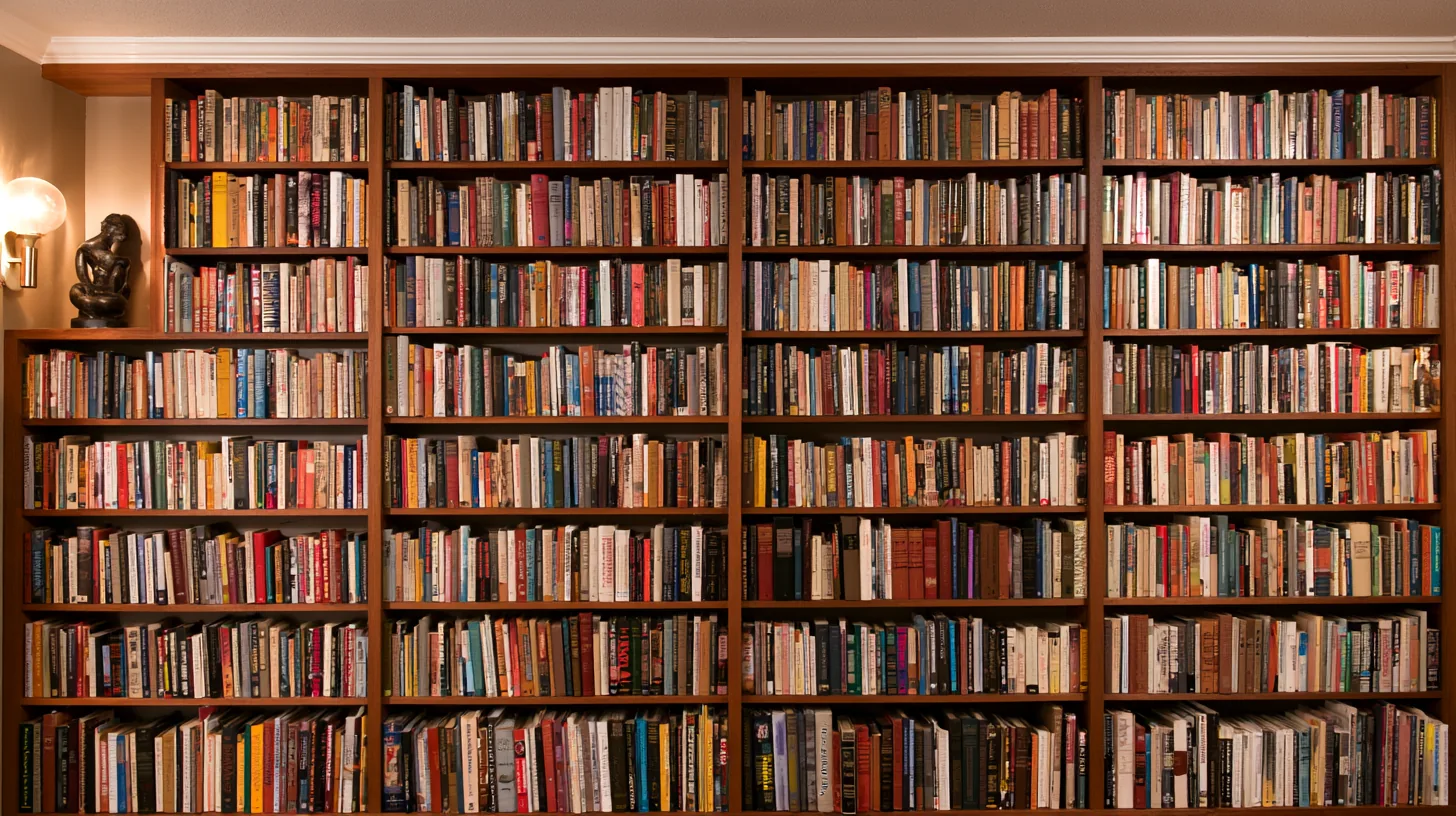 Bookshelves filled with a diverse collection of books, providing a scholarly backdrop for video calls.