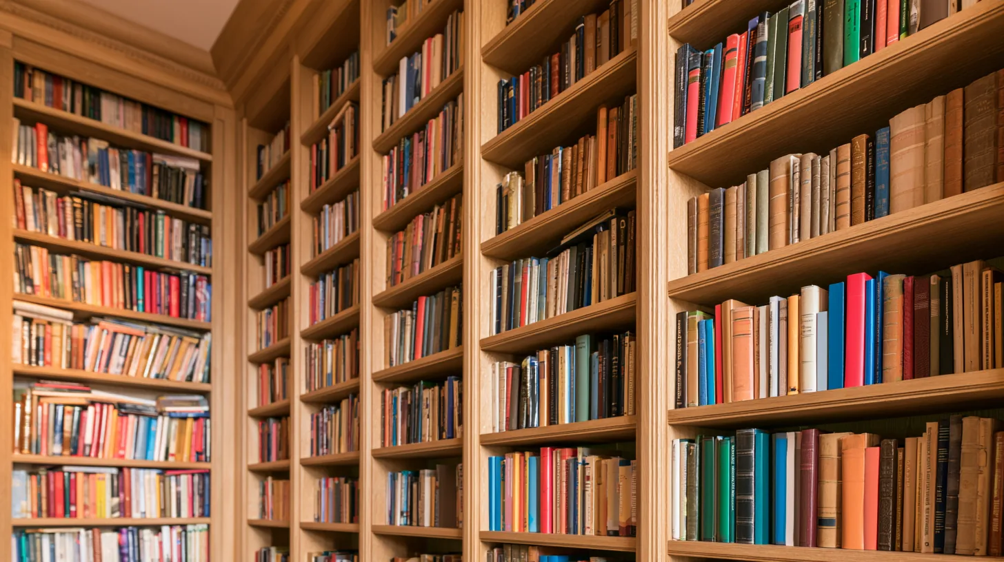 Bookshelves filled with a variety of books in a well-lit setting, providing a scholarly atmosphere for video calls.