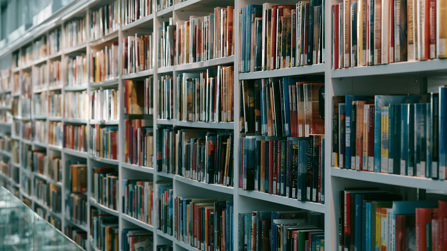 Bookshelves filled with a variety of colorful books in a well-lit setting.