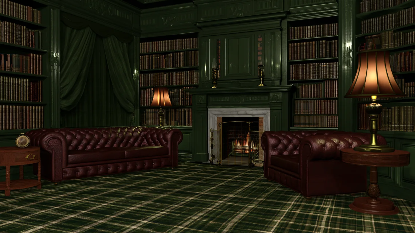 A cozy library lounge featuring dark green walls, leather sofas, and a fireplace, designed for a professional setting.