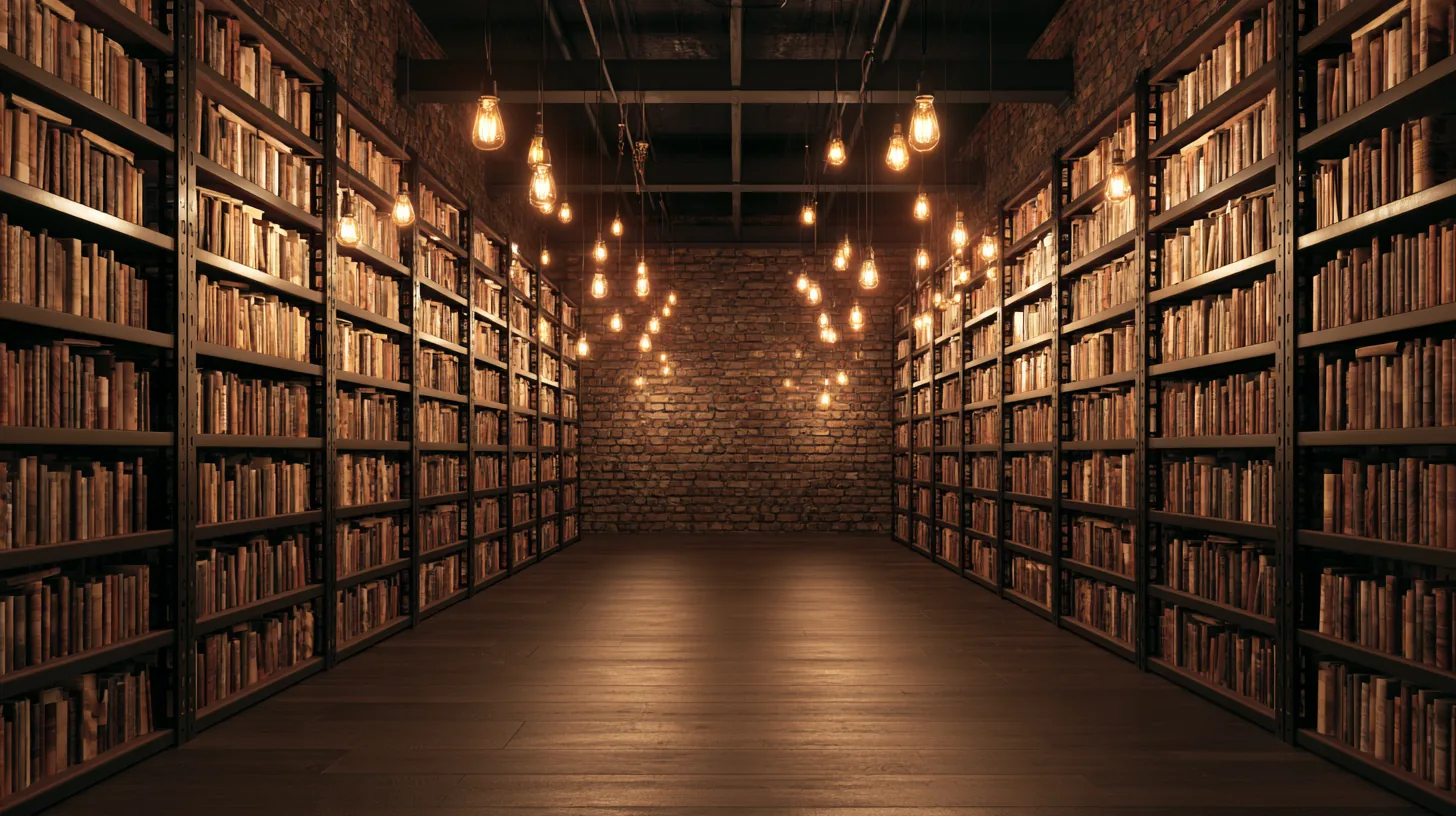 A cozy library with wooden bookshelves filled with books and warm hanging lights, creating an inviting atmosphere.