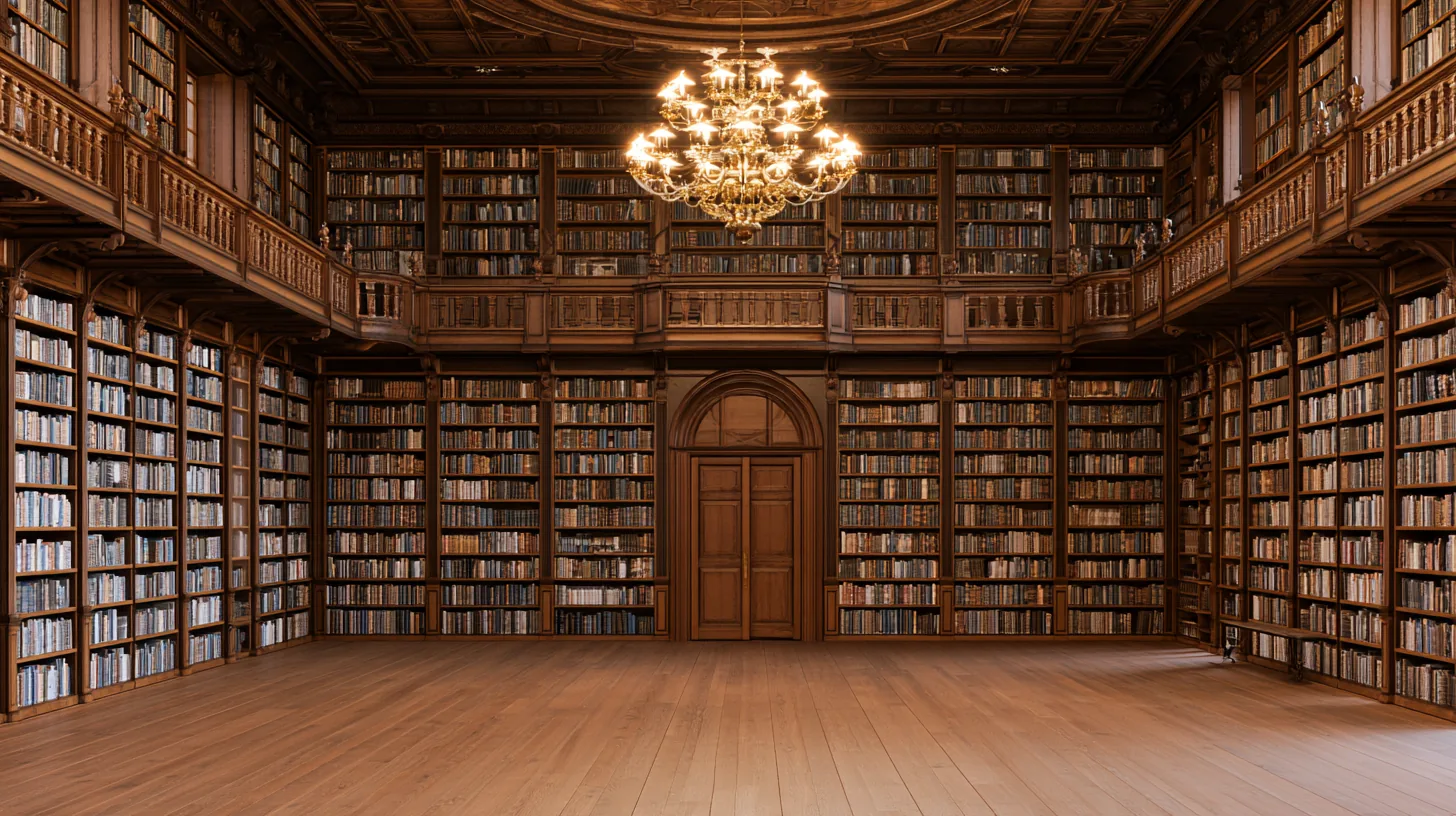 Interior of an elegant library with wooden shelves filled with books and a chandelier, designed for a professional setting.