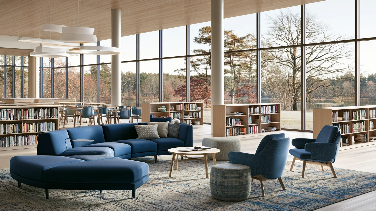 Library interior with blue seating, bookshelves, and large windows showcasing greenery outside.